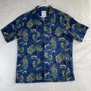 Guy Harvey AFTCO Hawaiian Shirt Mens Large Fish Print Blue Palm Tree AOP